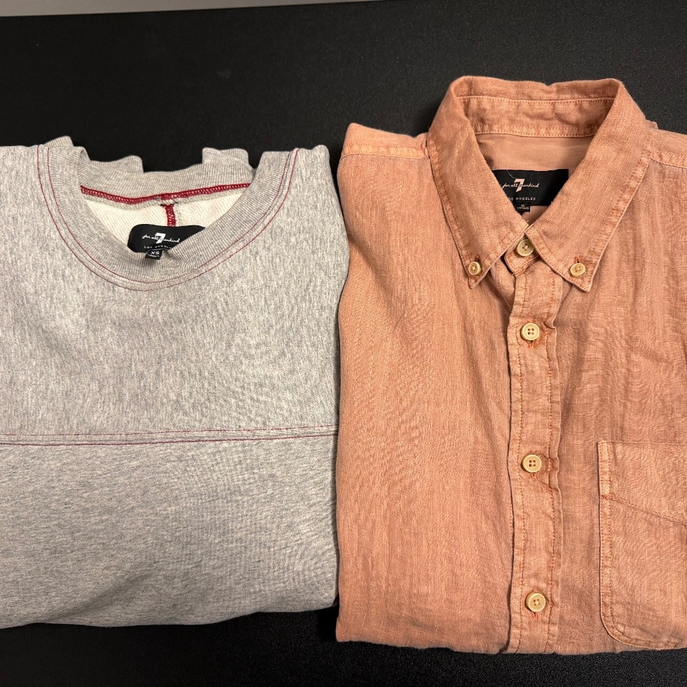 7 For All Mankind Top Bundle – Button-Up + Sweatshirt (Fits Small)